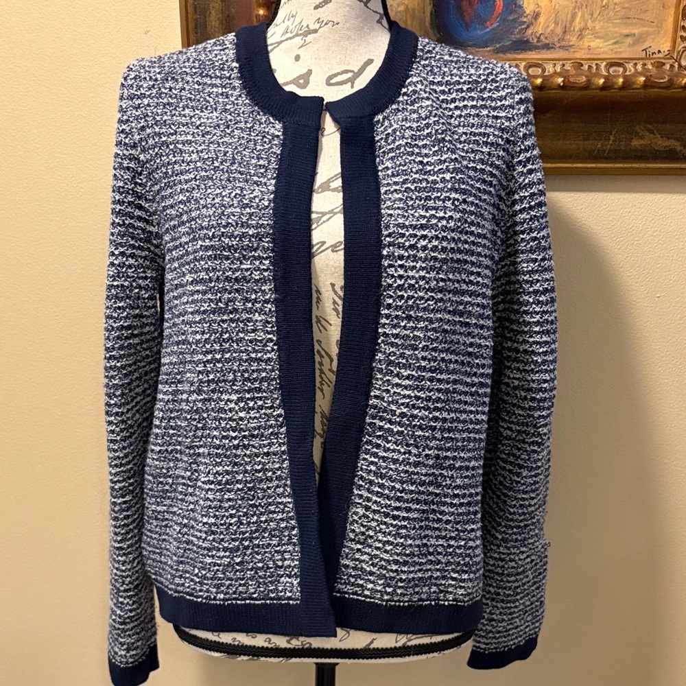 LOFT Blue and White looped knit color block classic open soft Cardigan